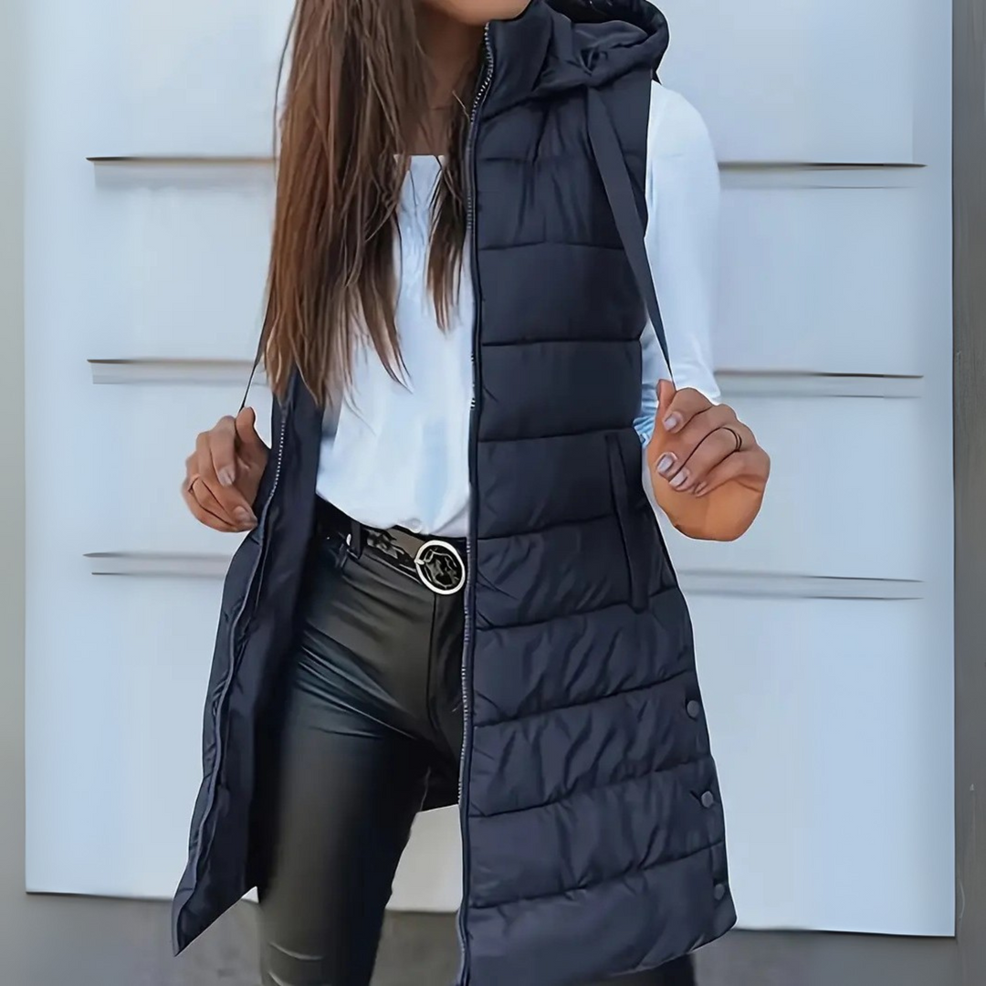 Black RAIN™ Hooded Long Lightweight Puffer Vest