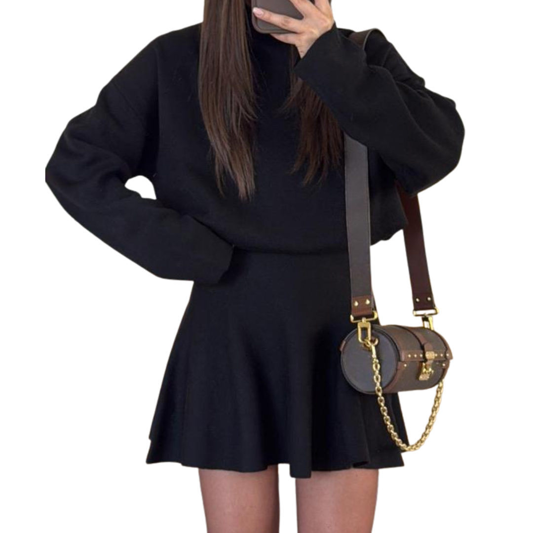PHOEBE™ Mock Neck Loose Fit Knit Sweater Dress in Burgundy, Black, Brown, and White