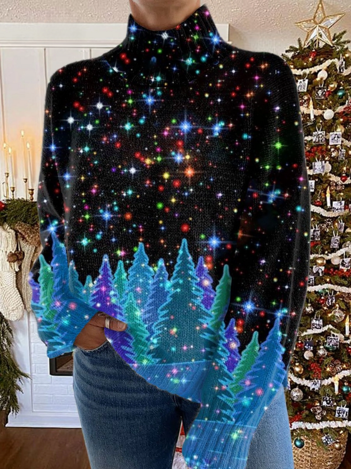 Elle | Shiny Christmas print turtleneck sweater