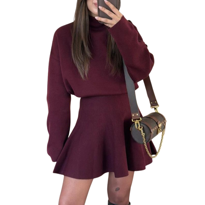 PHOEBE™ Mock Neck Loose Fit Knit Sweater Dress in Burgundy, Black, Brown, and White