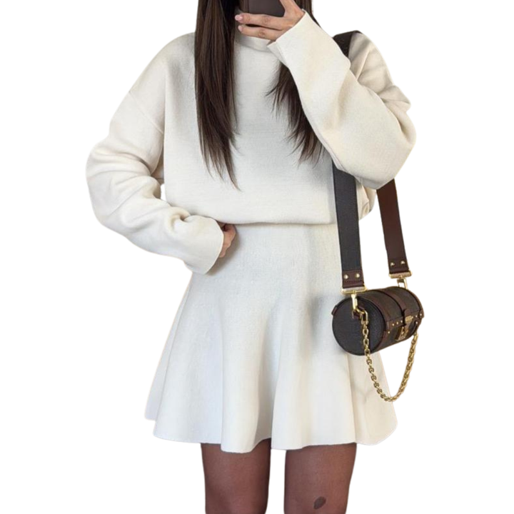 PHOEBE™ Mock Neck Loose Fit Knit Sweater Dress in Burgundy, Black, Brown, and White