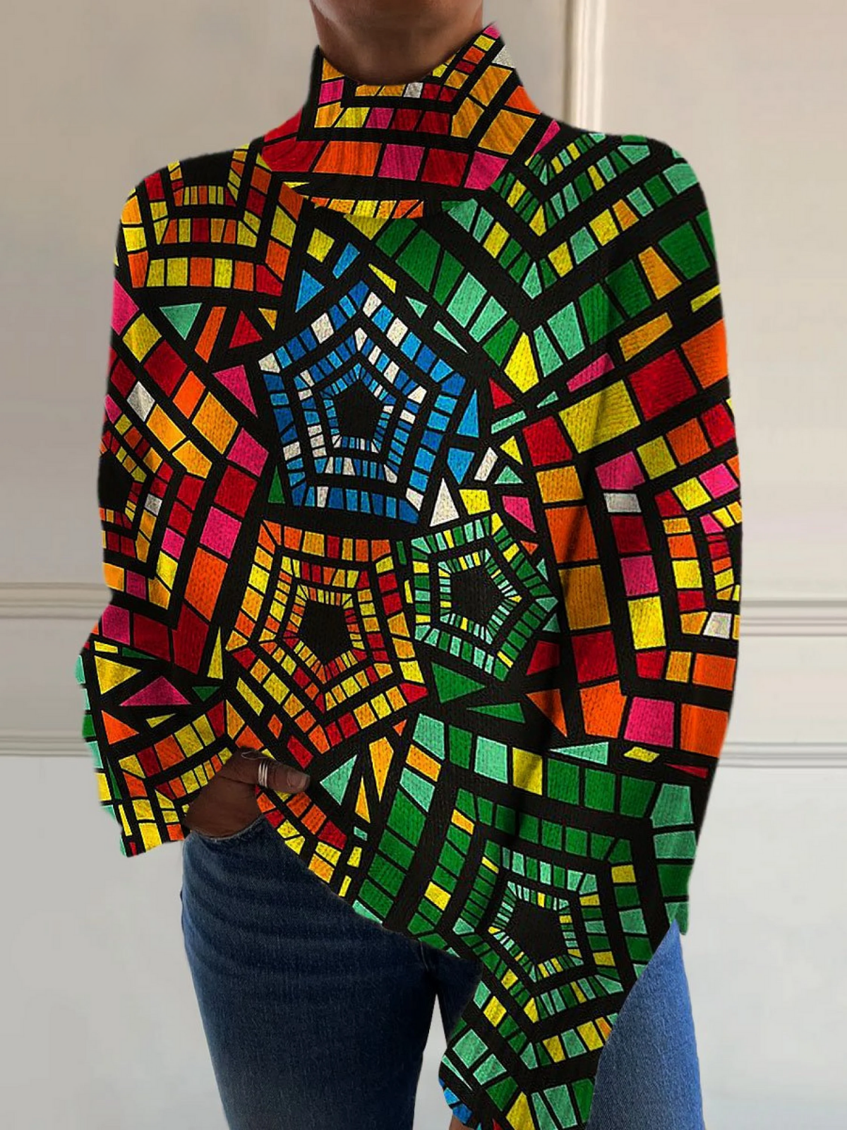 Elle | Retro colorful geometric print turtleneck sweater