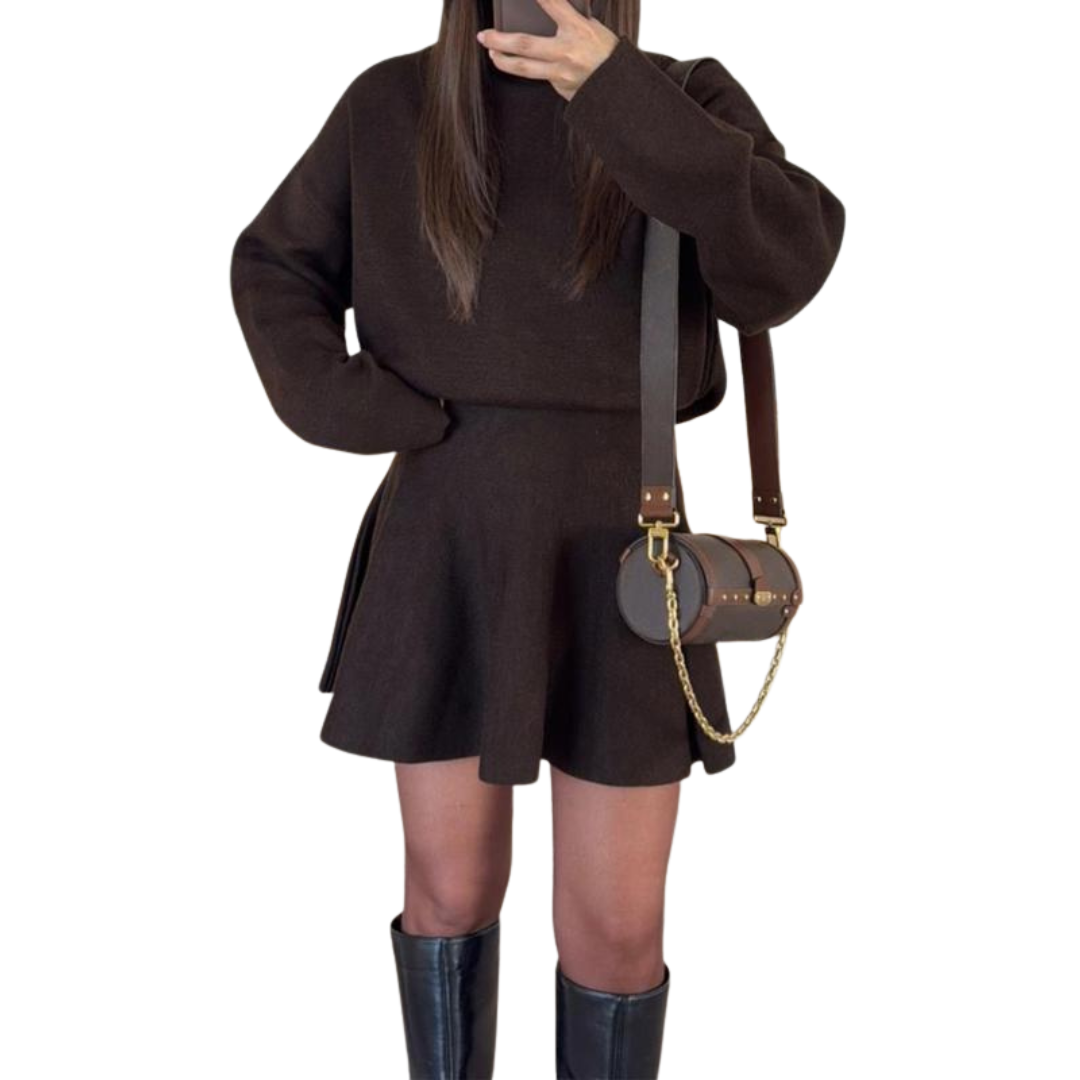 PHOEBE™ Mock Neck Loose Fit Knit Sweater Dress in Burgundy, Black, Brown, and White