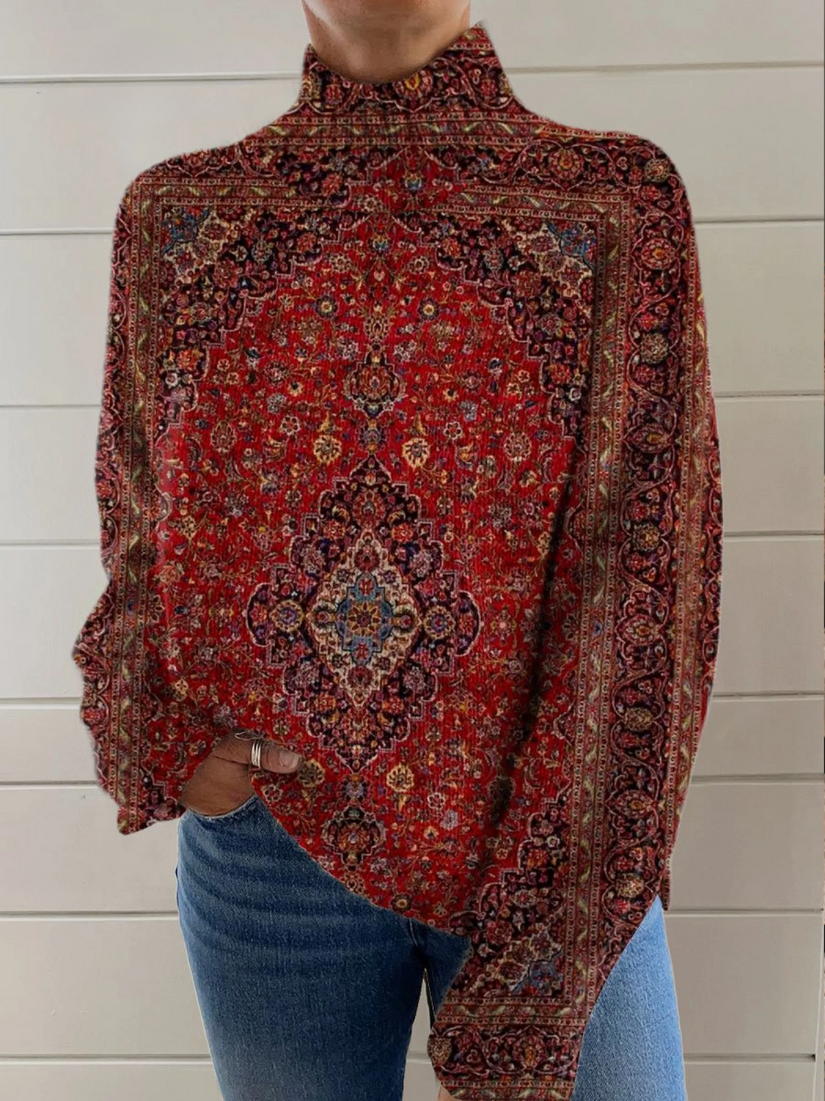 Elle | Vintage art print knit turtleneck sweater