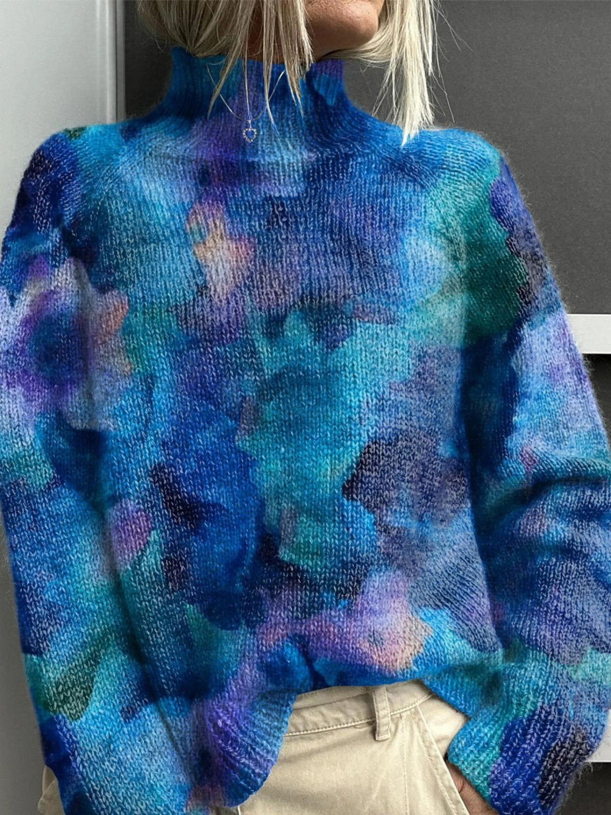 Elle | Abstract watercolor floral knit turtleneck sweater