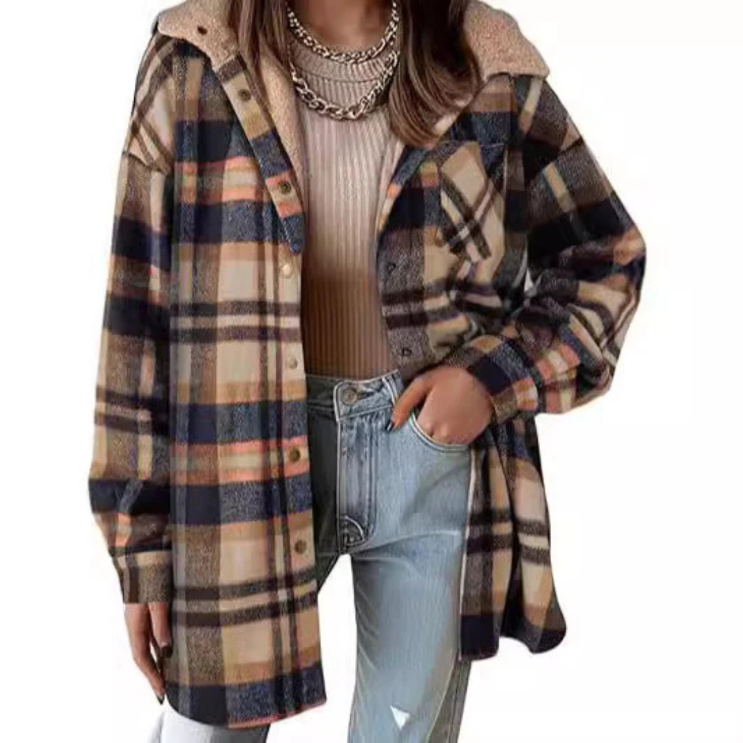 Tallulah Relaxed Fit Hooded Plaid Jacket – Cozy Layered Outerwear