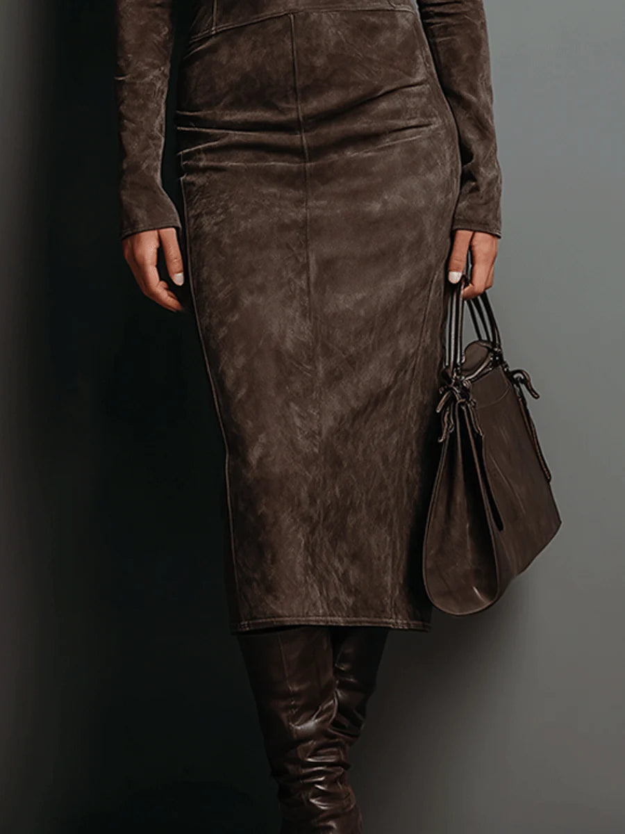 Lyra | High Neck, Suede Midi Dress