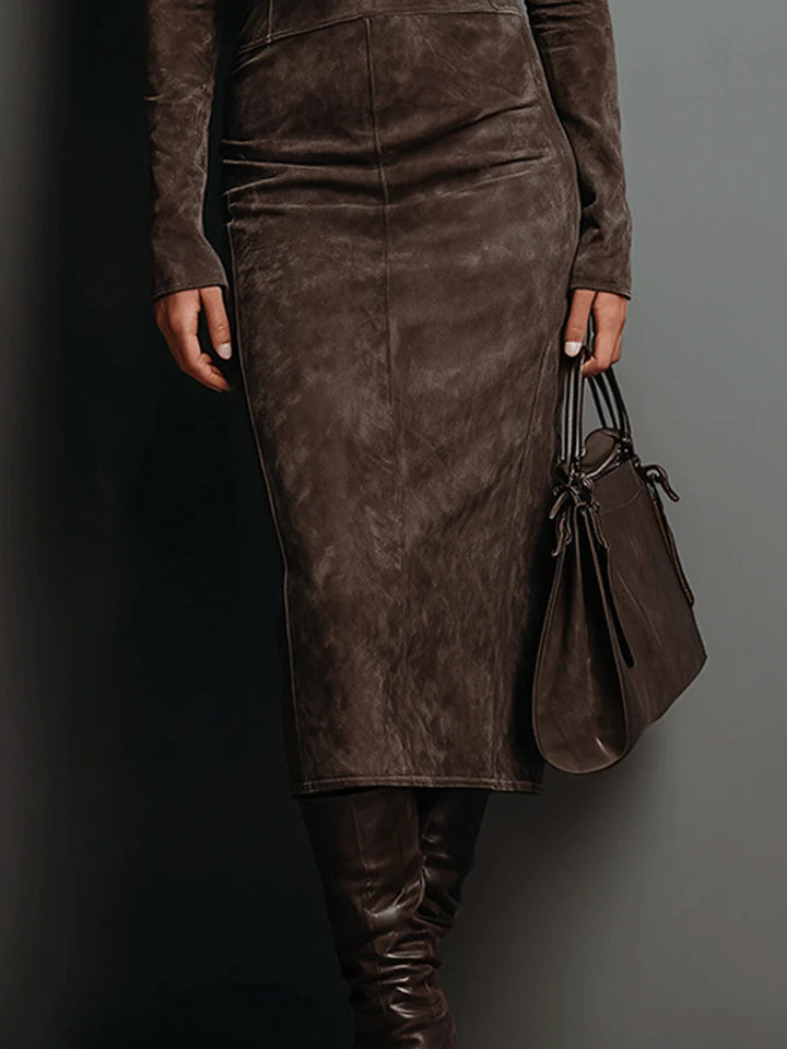Lyra | High Neck, Suede Midi Dress