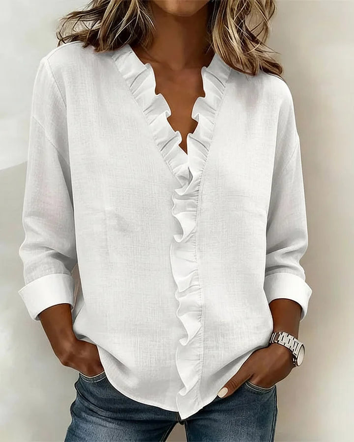 Elena | Blouse with Ruffles, V-Neck and Long Sleeves