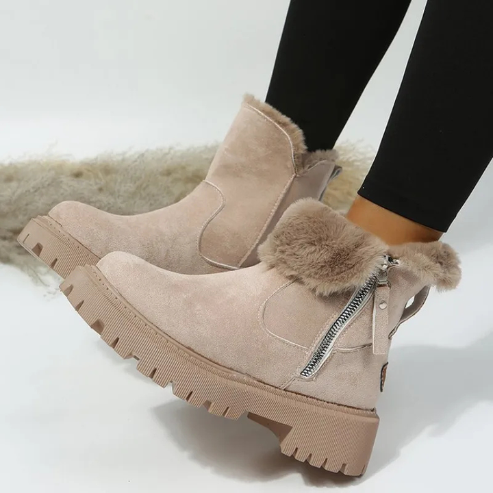 Diva Beige Suede-Like Ankle Boots with Plush Lining and Rubber Sole