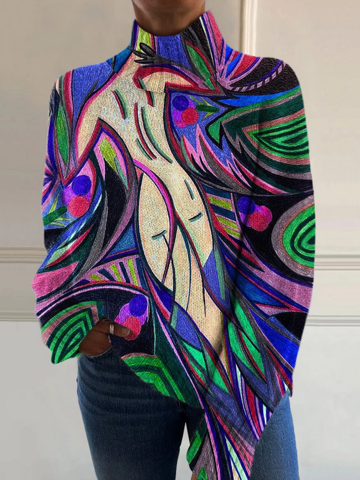 Elle | Retro abstract nude print turtleneck sweater