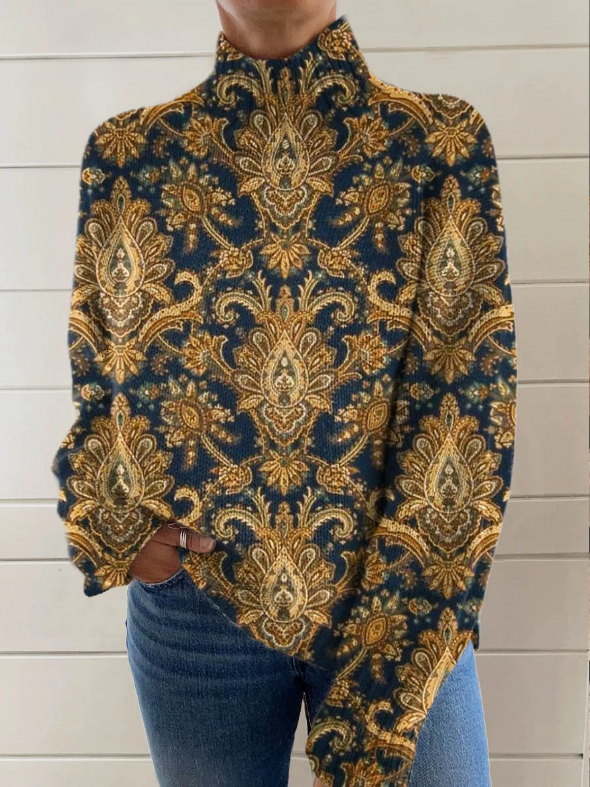 Elle | Vintage floral artistic pattern turtleneck sweater