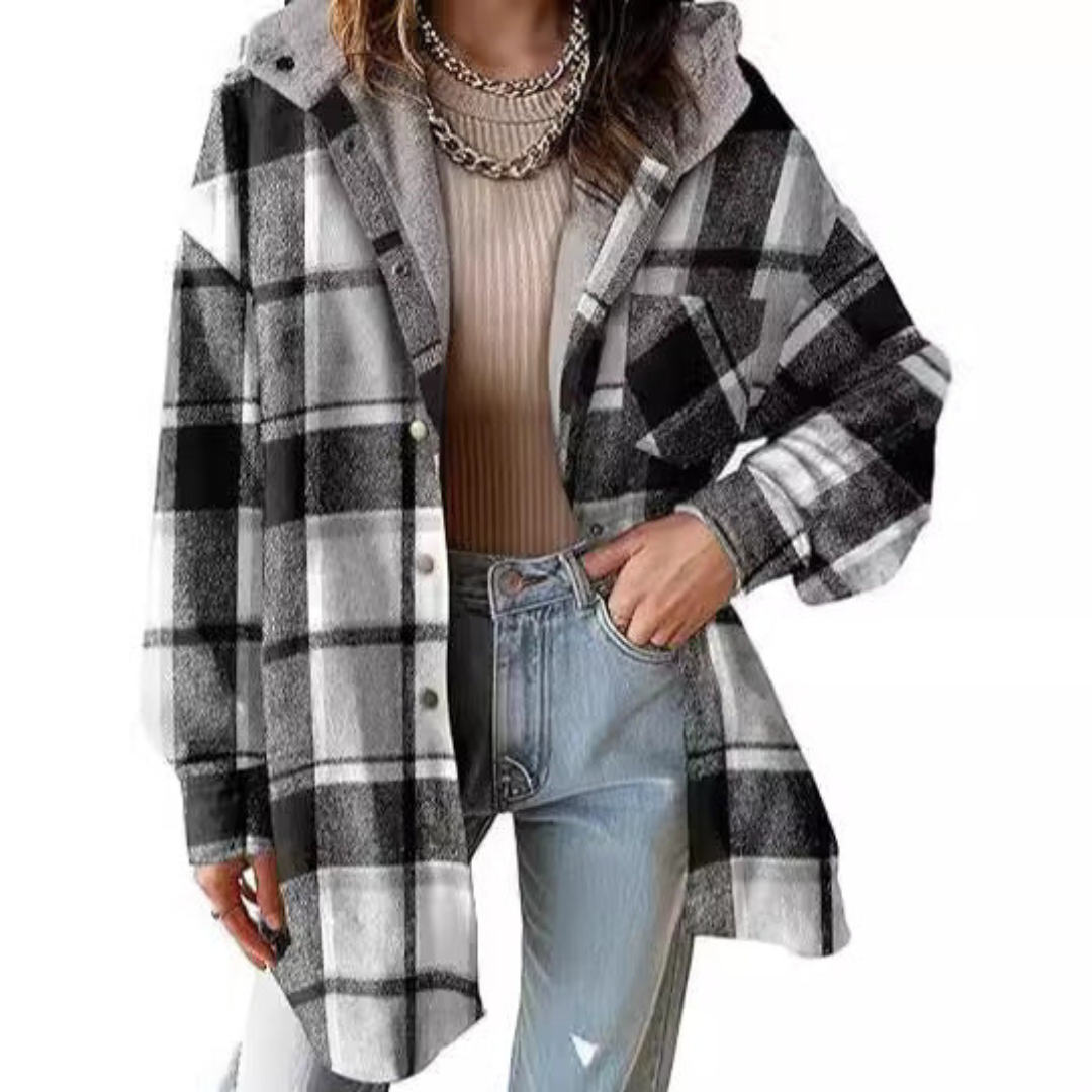 Tallulah Relaxed Fit Hooded Plaid Jacket – Cozy Layered Outerwear
