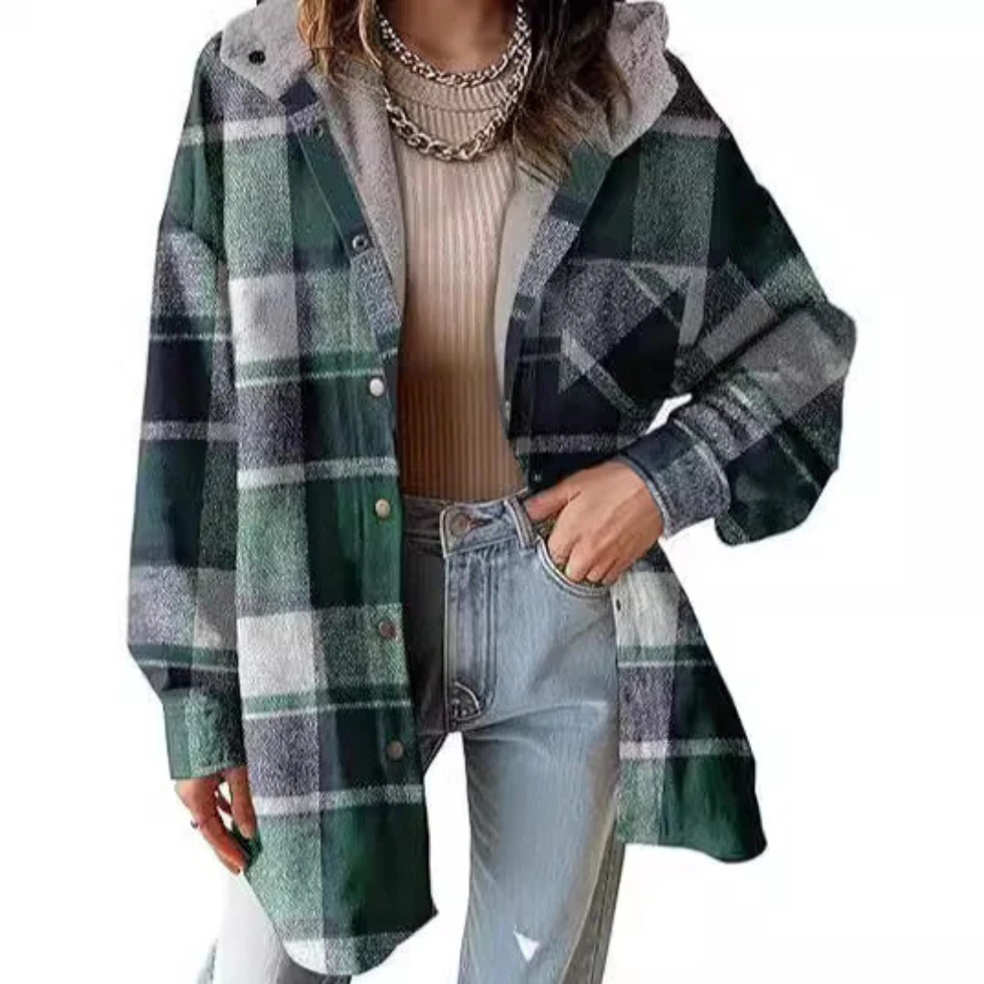 Tallulah Relaxed Fit Hooded Plaid Jacket – Cozy Layered Outerwear