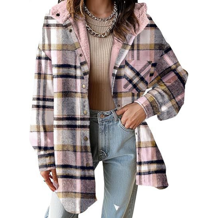 Tallulah Relaxed Fit Hooded Plaid Jacket – Cozy Layered Outerwear