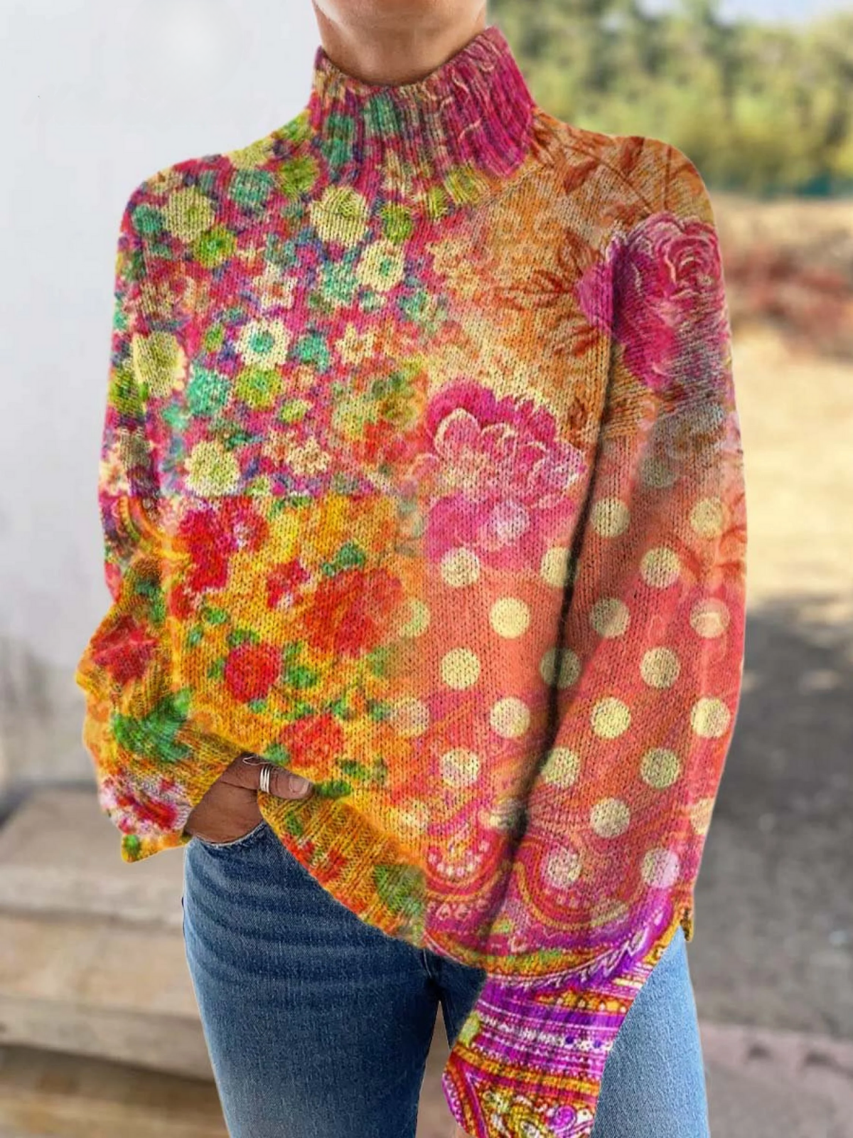 Elle | Floral polka dot print turtleneck sweater