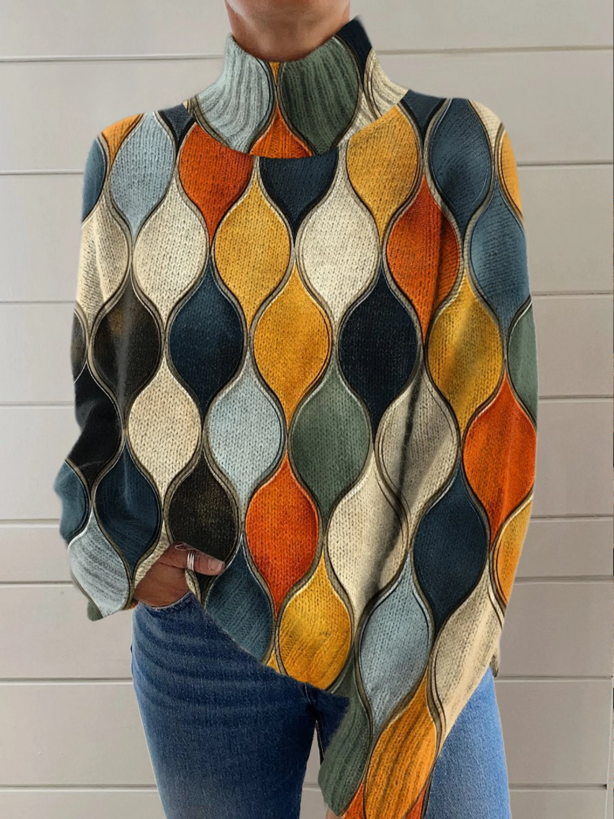 Elle | Abstract wavy line and oval pattern turtleneck sweater