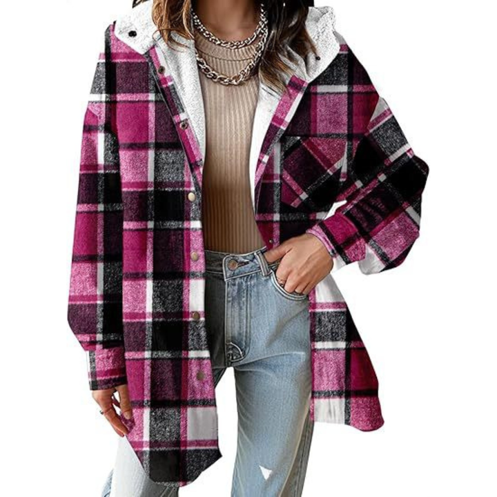 Tallulah Relaxed Fit Hooded Plaid Jacket – Cozy Layered Outerwear