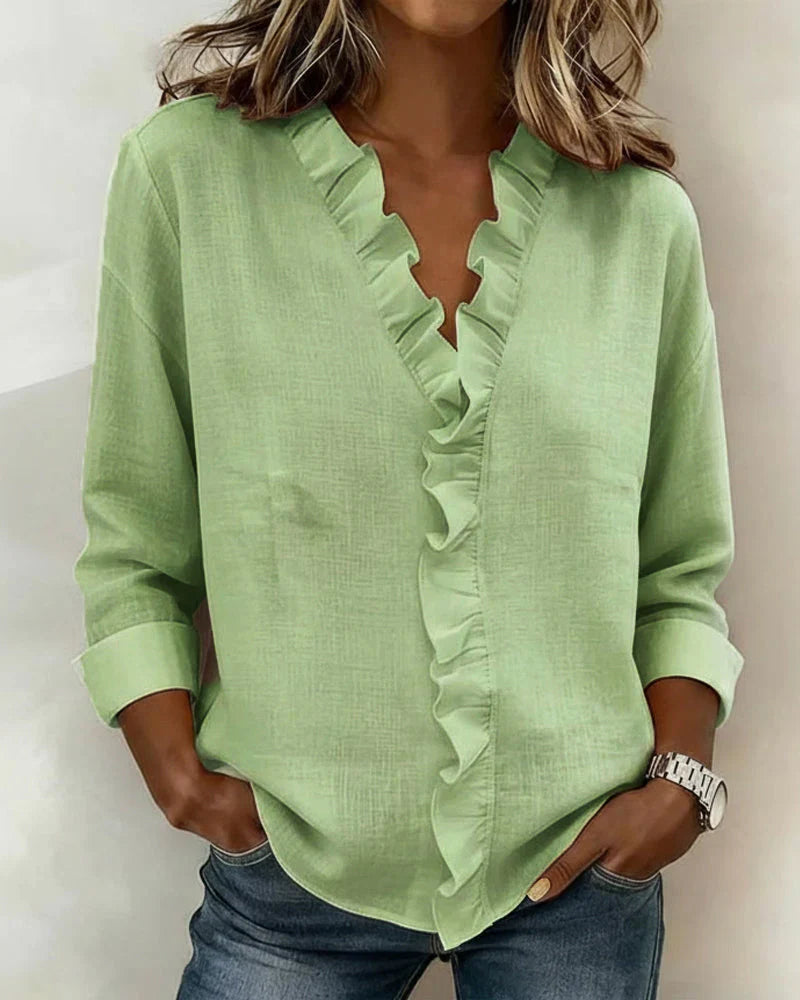 Elena | Blouse with Ruffles, V-Neck and Long Sleeves