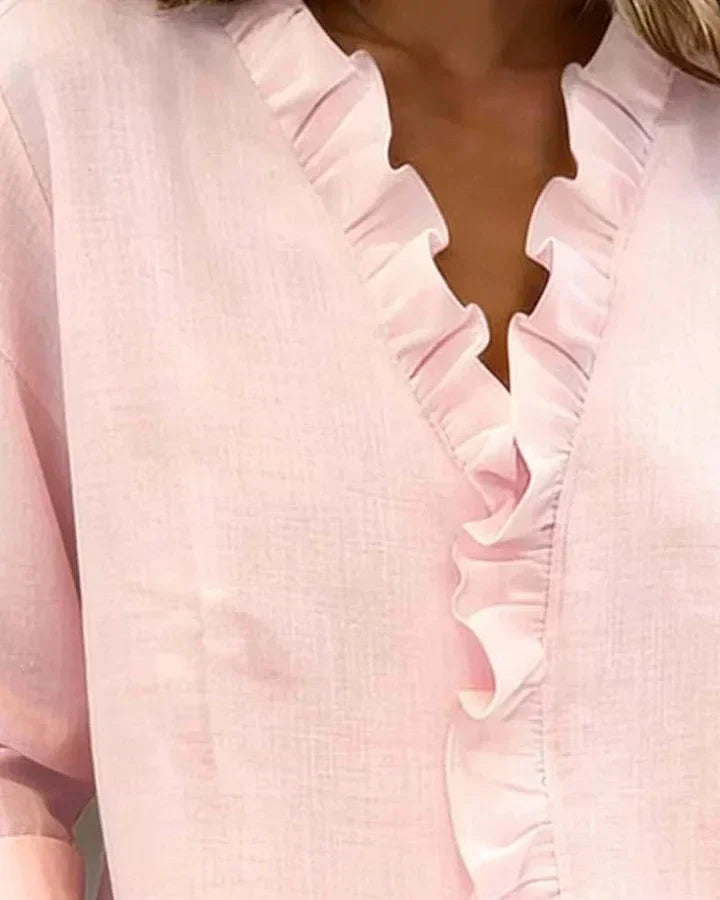 Elena | Blouse with Ruffles, V-Neck and Long Sleeves