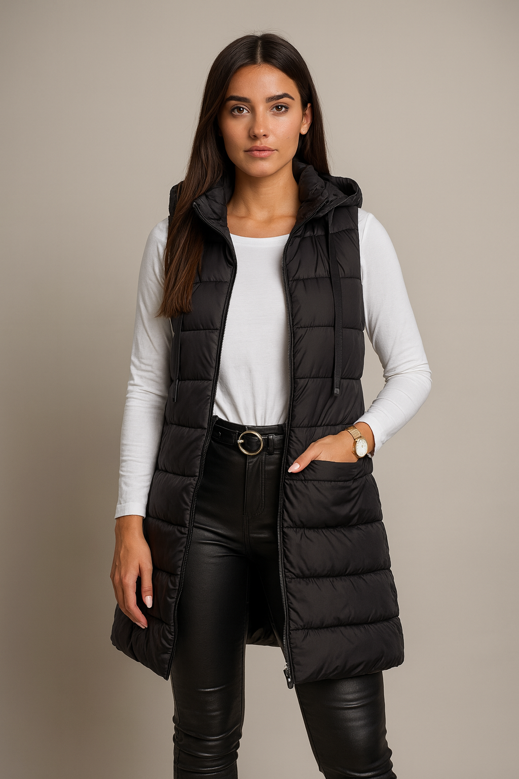 ELENA | CASUAL SLEEVELESS HOODED LONG PUFFER VEST