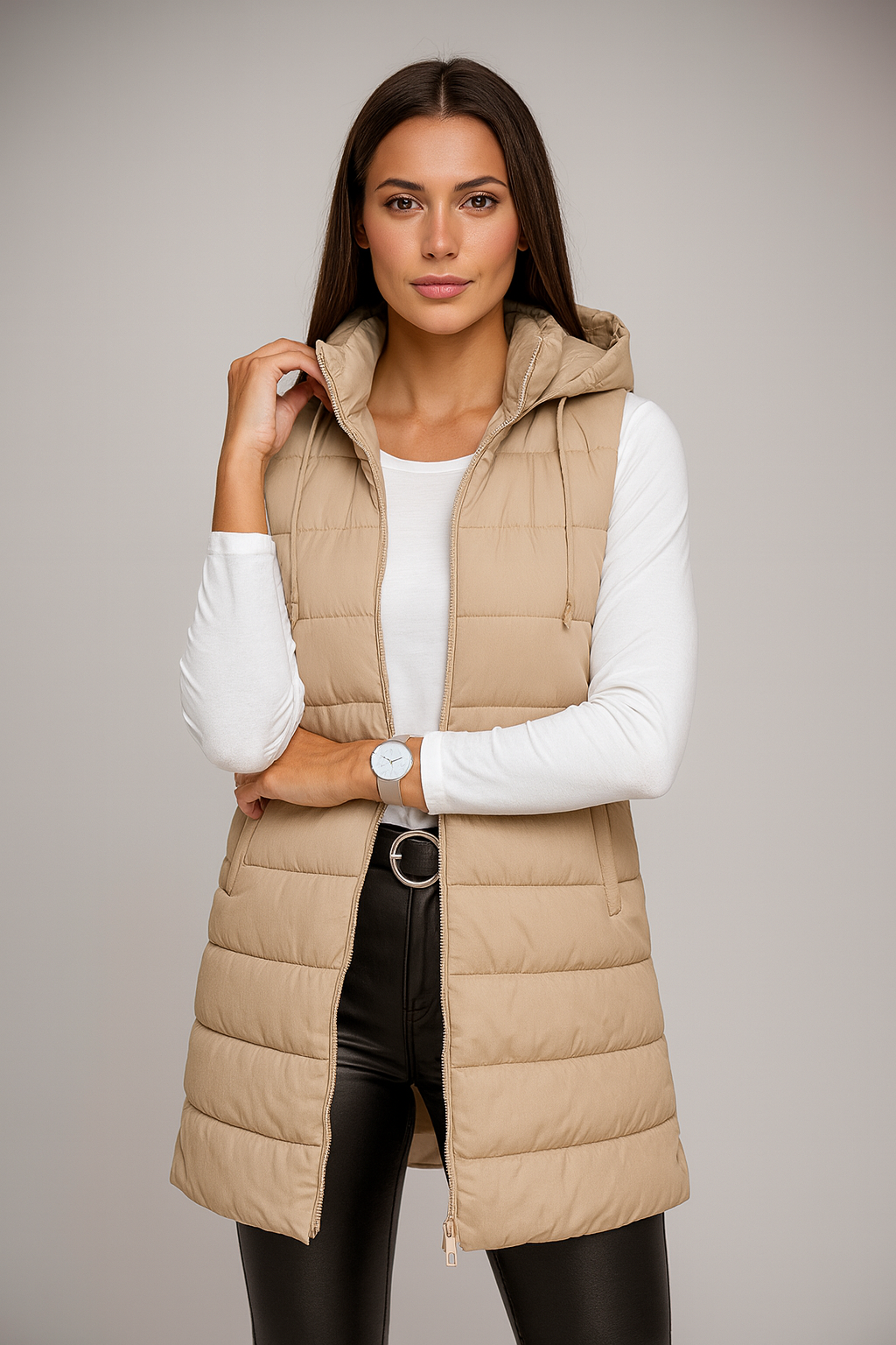 ELENA | CASUAL SLEEVELESS HOODED LONG PUFFER VEST
