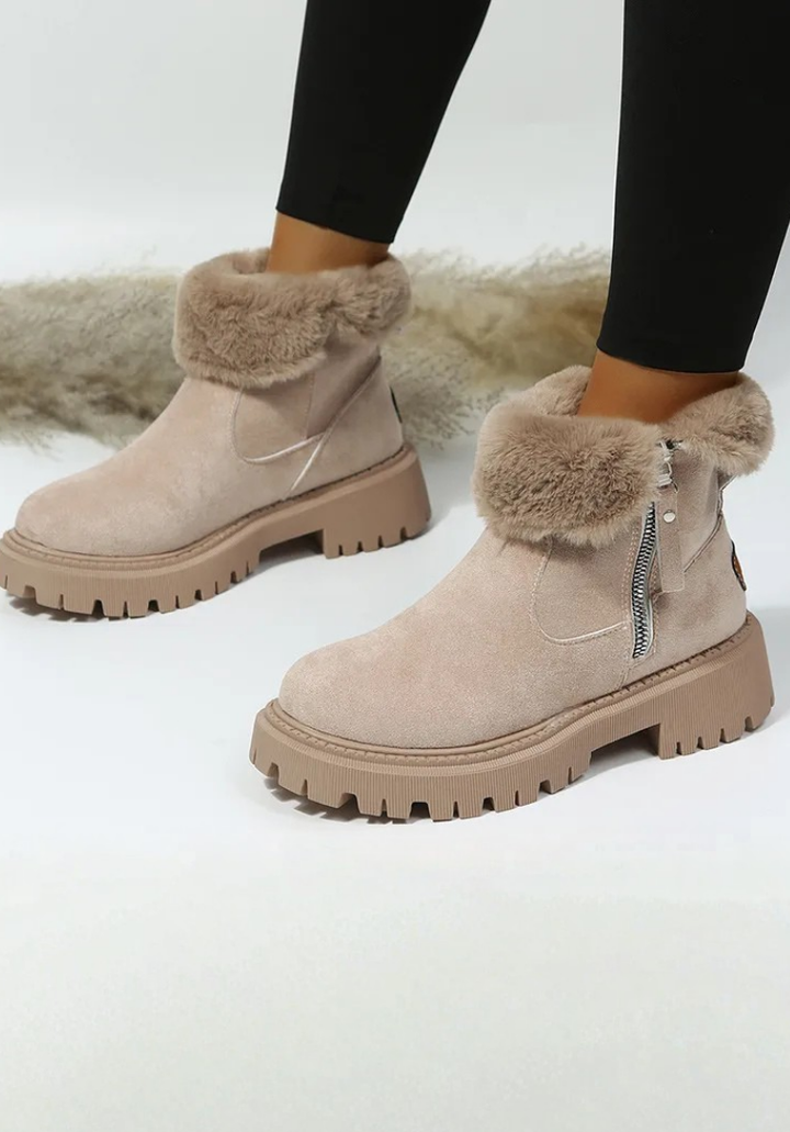 Diva Beige Suede-Like Ankle Boots with Plush Lining and Rubber Sole