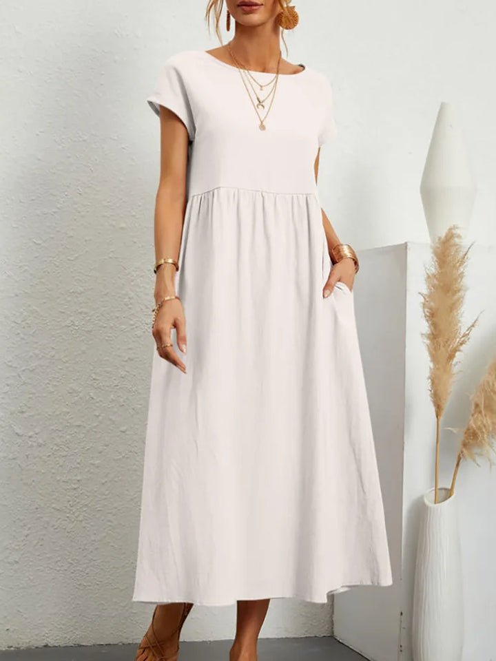 Women Vintage Solid Dress 2023 Summer Elegant O Neck Short Sleeve Cotton Linen Dresses Female Casual Loose Sundress Long Dress