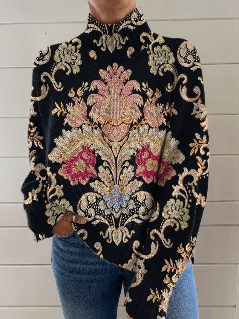 Elle | Vintage floral knit turtleneck sweater