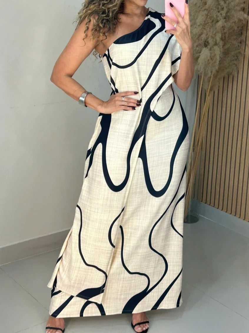 Abstract Pattern Off-Shoulder Maxi Dress
