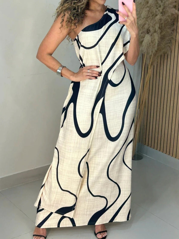 Abstract Pattern Off-Shoulder Maxi Dress