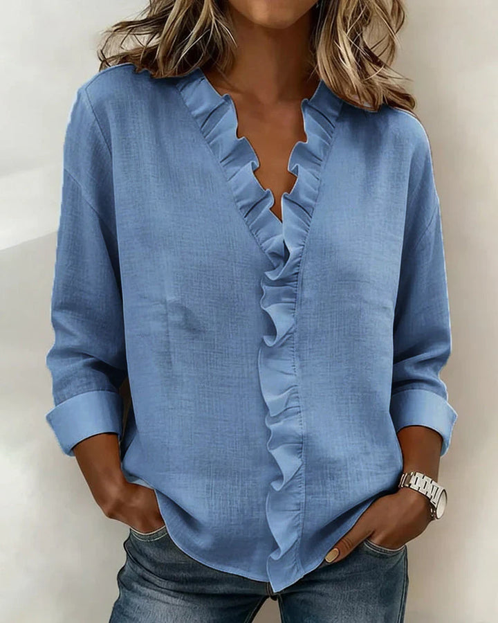 Elena | Blouse with Ruffles, V-Neck and Long Sleeves