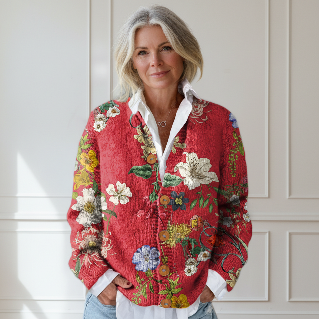 Women's Vintage Floral Art Print Buttoned Cardigan Sweater
