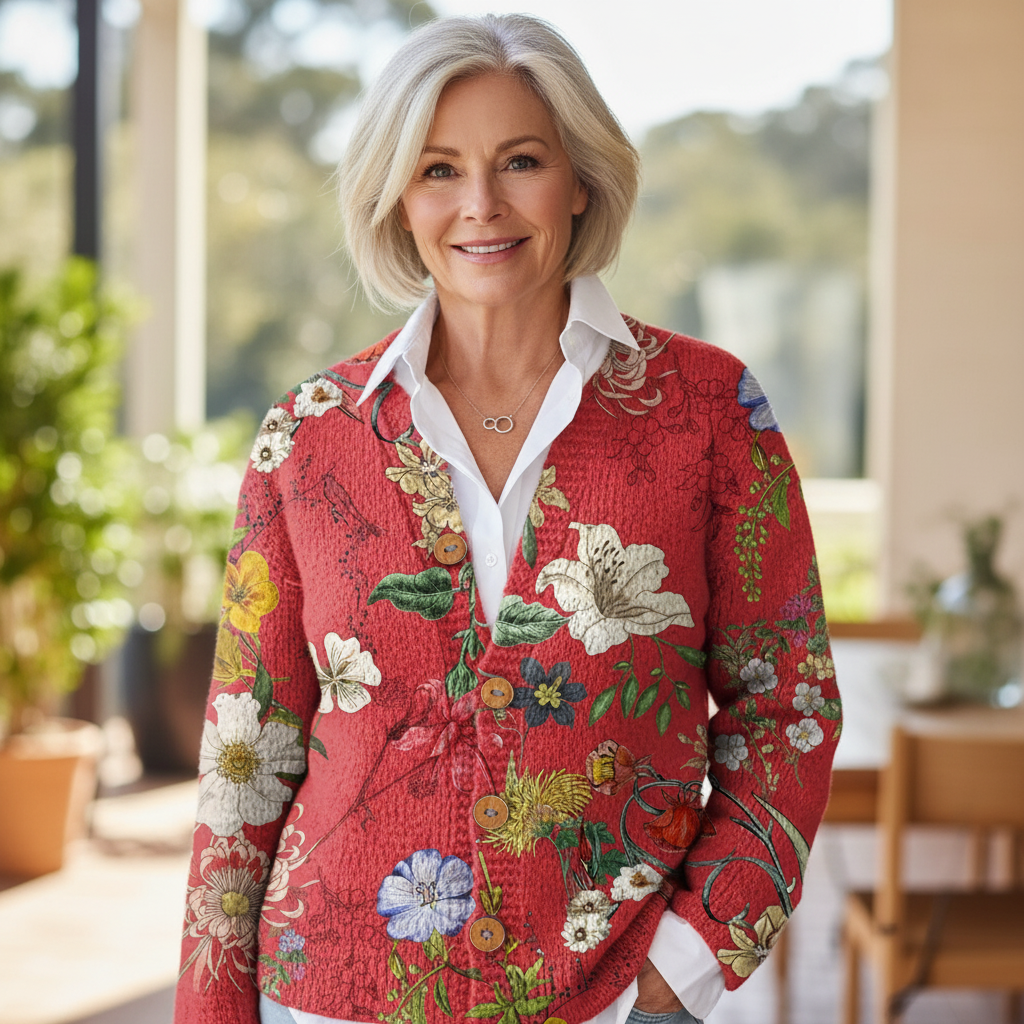 Women's Vintage Floral Art Print Buttoned Cardigan Sweater