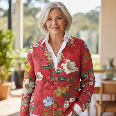 Women's Vintage Floral Art Print Buttoned Cardigan Sweater