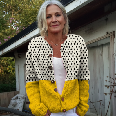 Yellow Geometric Polka Dots Print Buttoned Cardigan Sweater